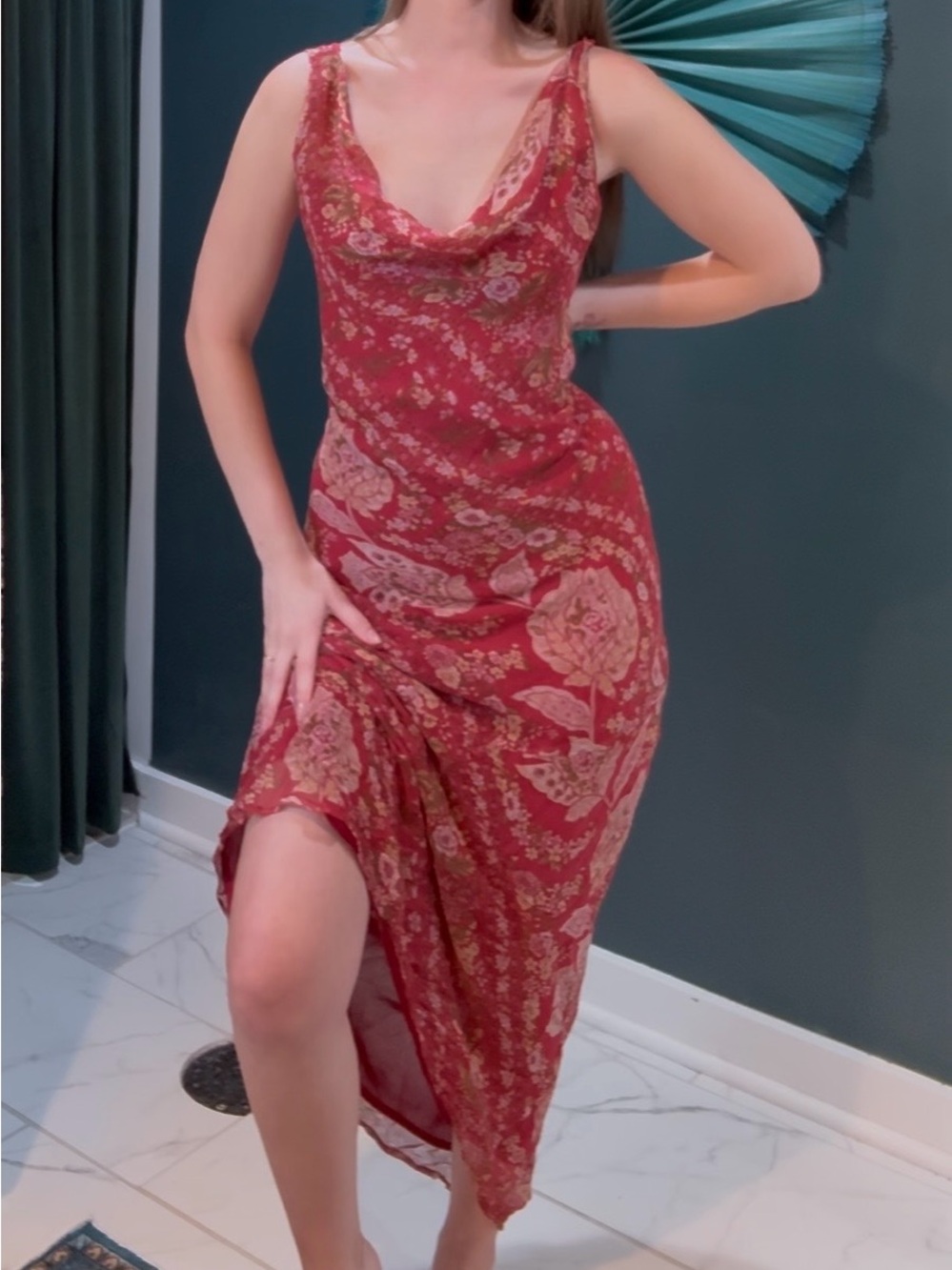 Vintage Floral Cowl Neck Slip Dress - Red
